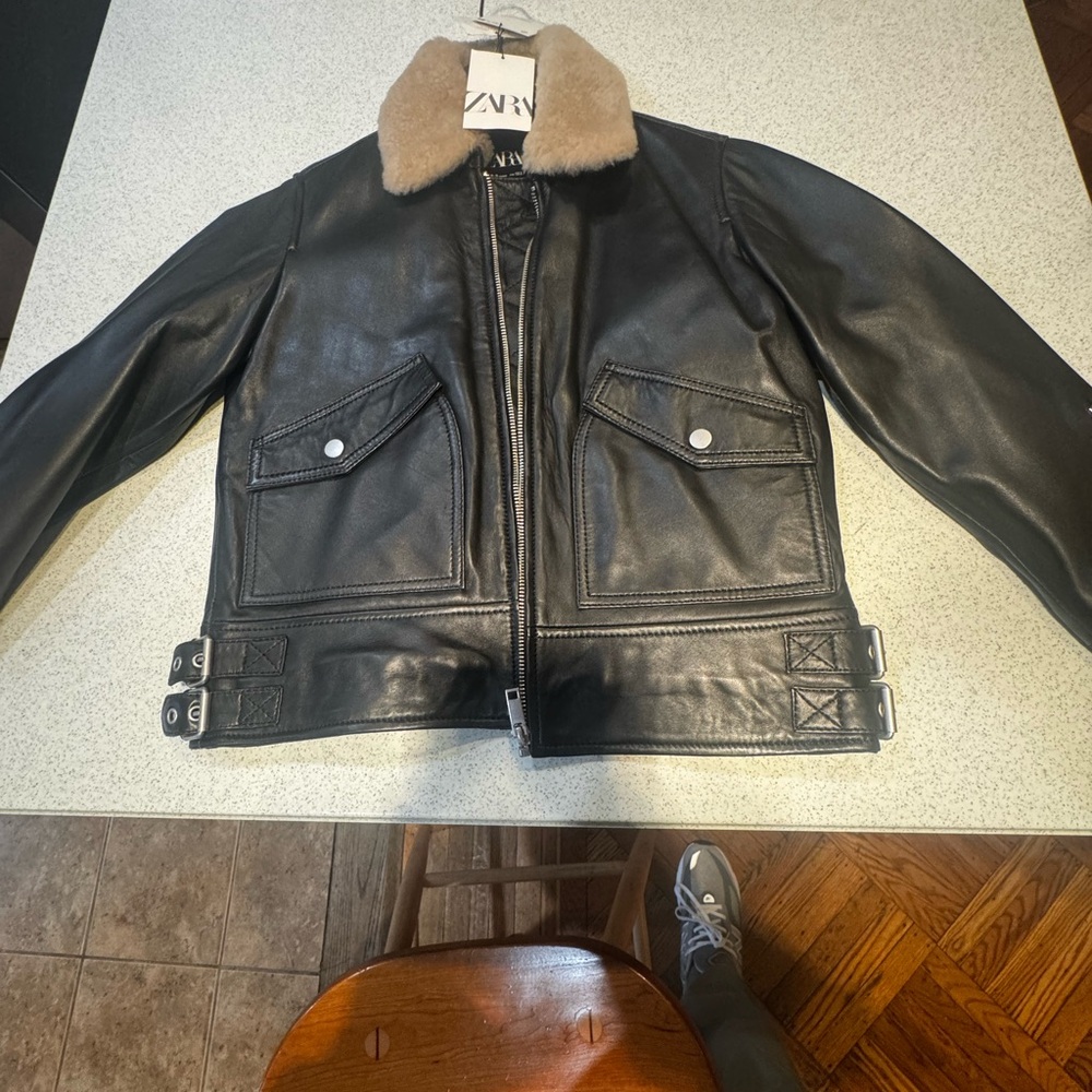 Zara Black Leather Jacket with Brown Collar